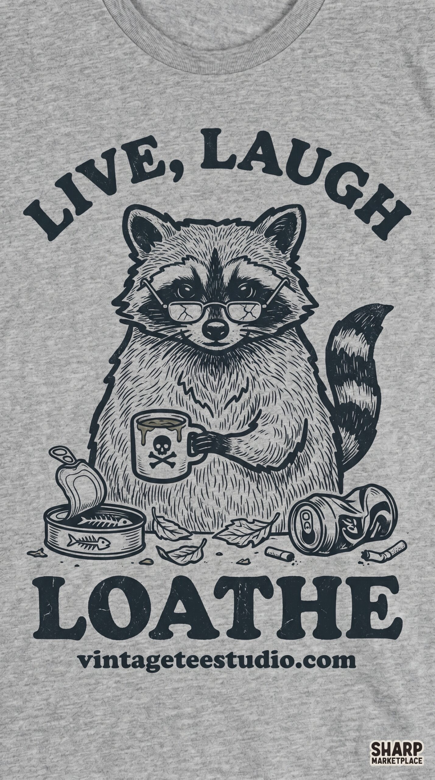 Retro shirt PNG sublimation raccoon live laugh loathe funny design