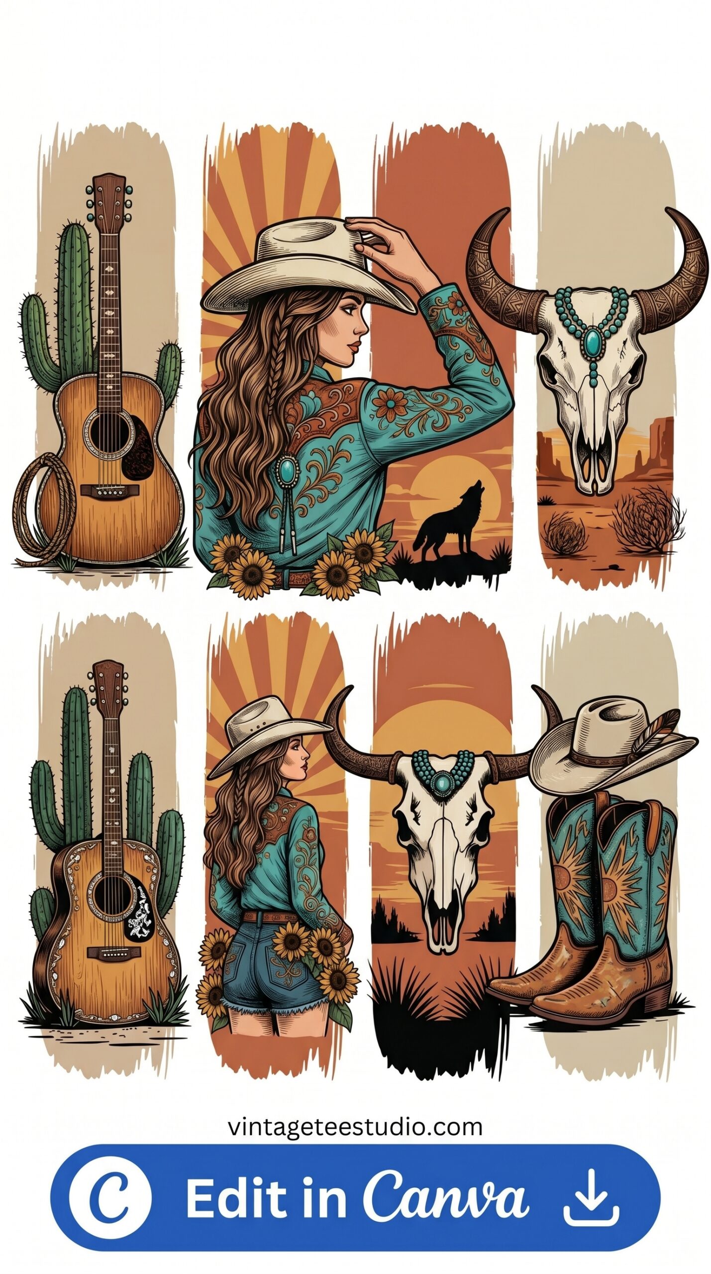Sublimation shirt PNG cowboy guitars cow skull design