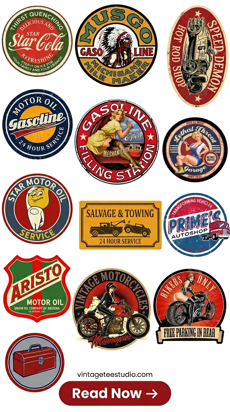 Vintage T Shirt PNG for POD collection featuring signs and stickers for apparel