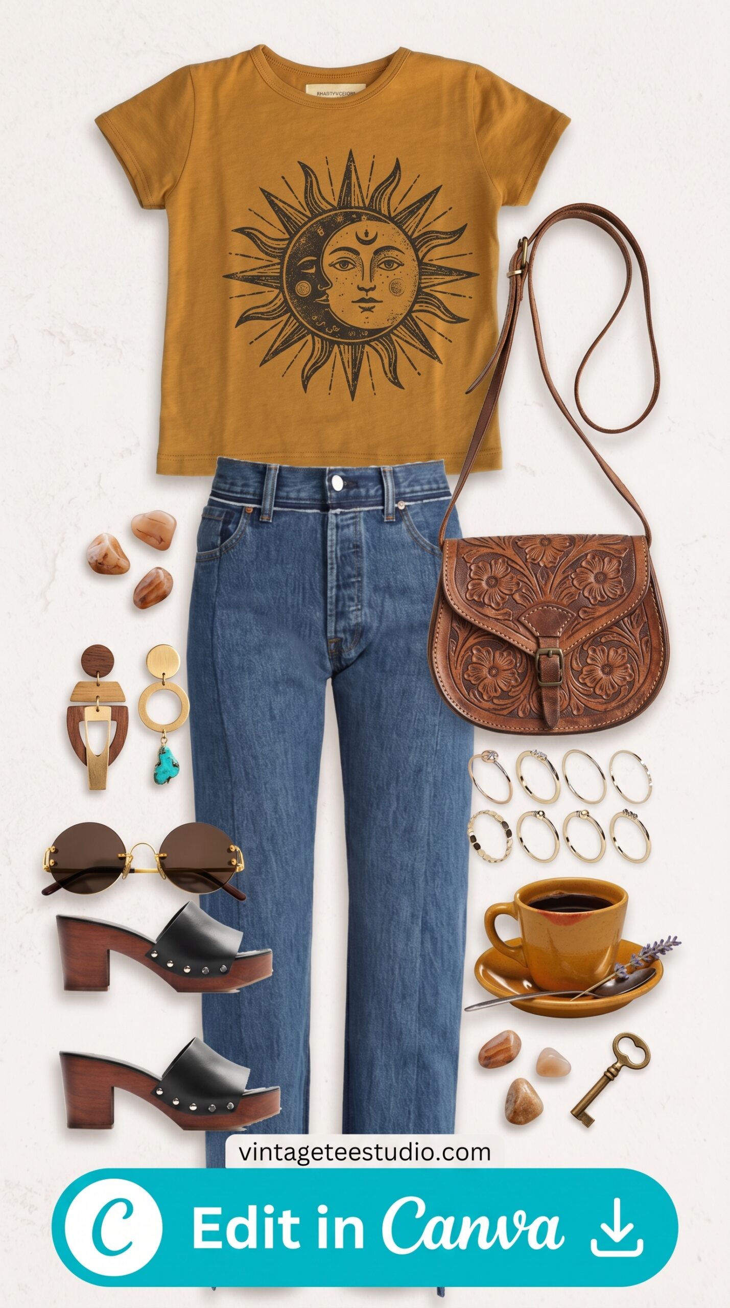 vintage t shirts 70s street styles celestial sun moon boho crop tee retro png pod design