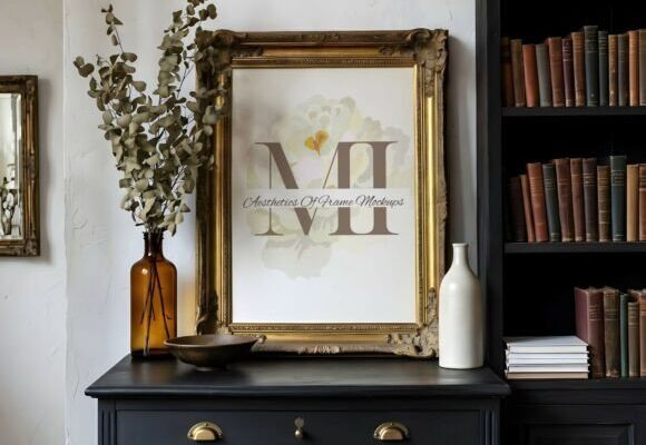 Vintage Gold Frame on Black Sideboard vintage black and gold frame png