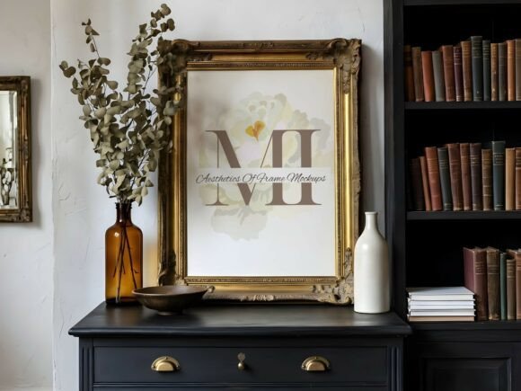 Vintage Gold Frame on Black Sideboard vintage black and gold frame png
