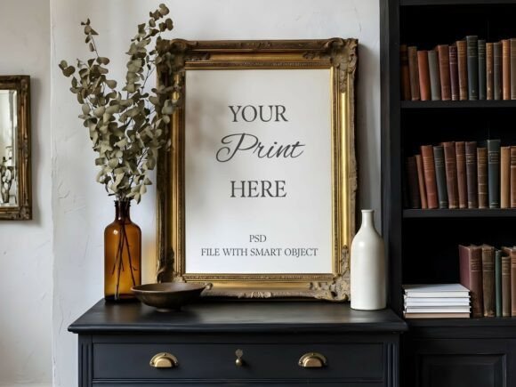 Vintage Gold Frame on Black Sideboard vintage black and gold frame png