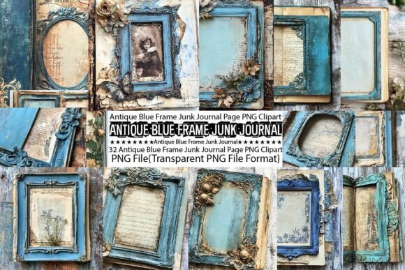 Antique Blue Frame Junk Journal Page blue vintage frame png transparent