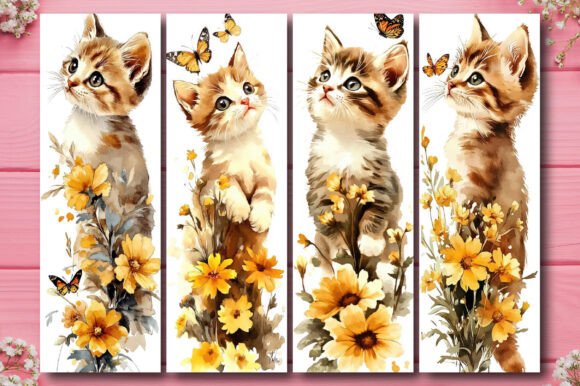 Watercolor Cute Floral Cat Bookmark PNG Vol. 9 bookmark cat vintage printable