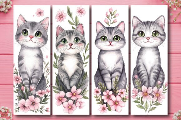 Watercolor Cute Floral Cat Bookmark PNG Vol. 10 bookmark cat vintage printable