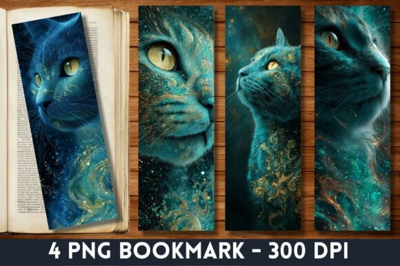 Green Cosmic Teal Galaxy Cat Bookmark bookmark cat vintage printable
