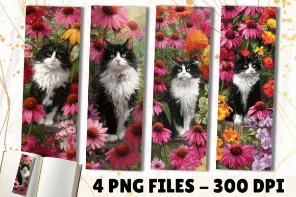 Pink Daisy Flower Tuxedo Cat Bookmark bookmark cat vintage printable