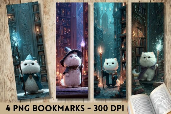 Fluffy White Wizard Cat Bookmark Design bookmark cat vintage printable