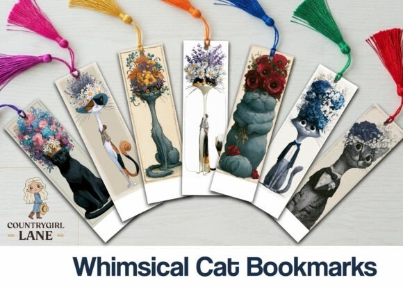 Whimsical Cat Bookmark Printable bookmark cat vintage printable