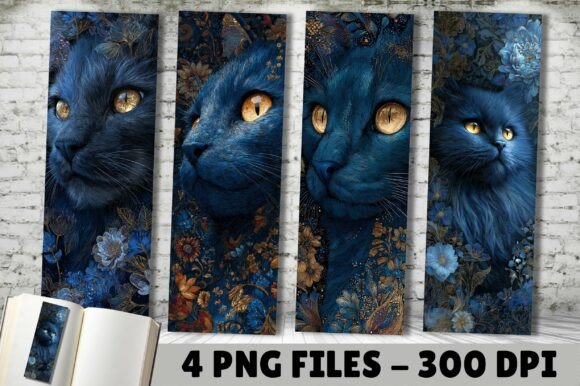 Dark Blue Gold Floral Cat Bookmark PNG bookmark cat vintage printable