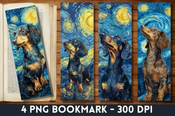 Starry Night Dachshund Dog Bookmark PNG bookmark dog vintage printable