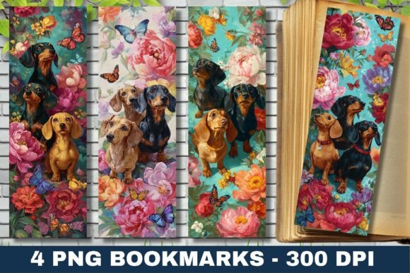 Peony Flower Dachshund Dog Bookmark PNG bookmark dog vintage printable