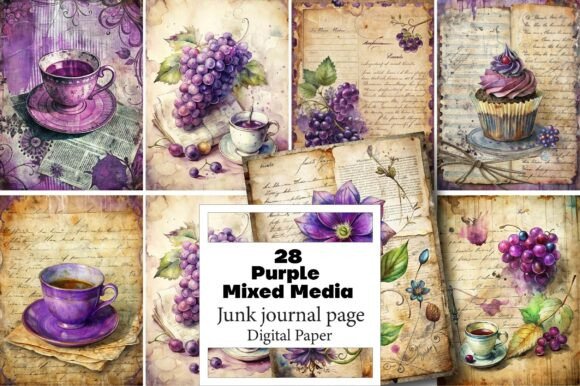 purple mixed media junk journal art kit junk journal clipart digital png printable
