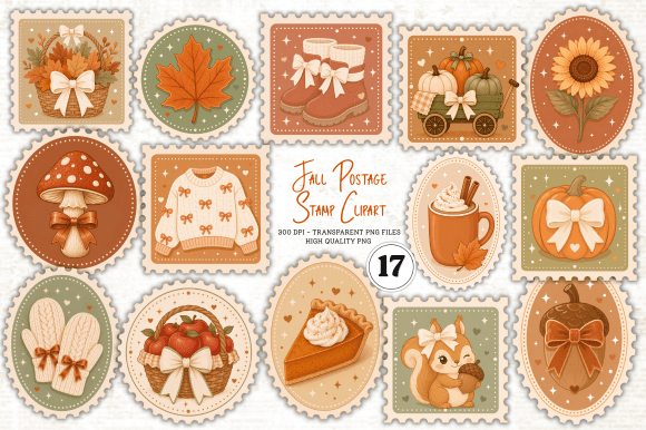 fall postage stamp clipart junk journal clipart digital png printable