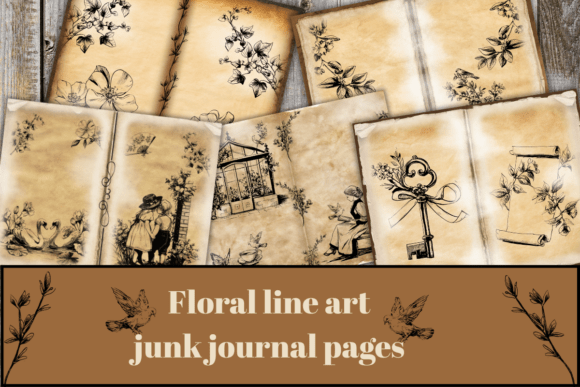 floral line art junk journal pages junk journal clipart digital png printable