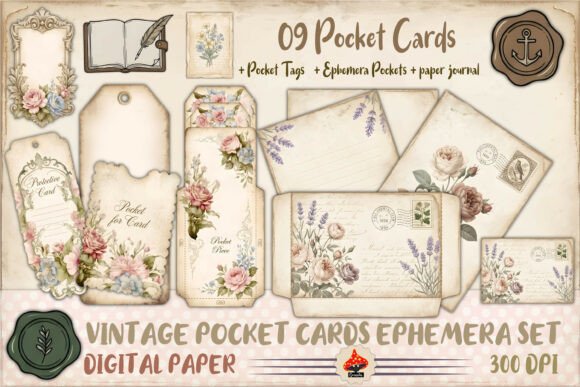 vintage pocket cards ephemera set +33 junk journal cover ideas printable