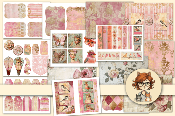 pink junk journal ephemera printable scrapbook embellishments