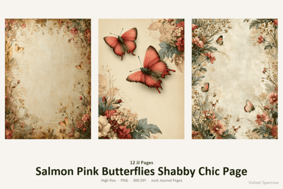 salmon pink butterflies shabby chic page junk journal first page intro printable