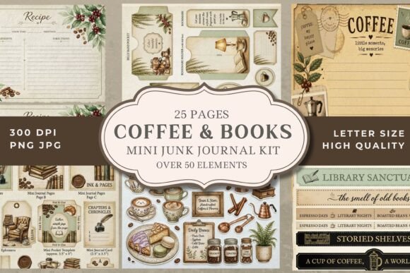 vintage coffee & books junk journal kit junk journal kit printable ephemera