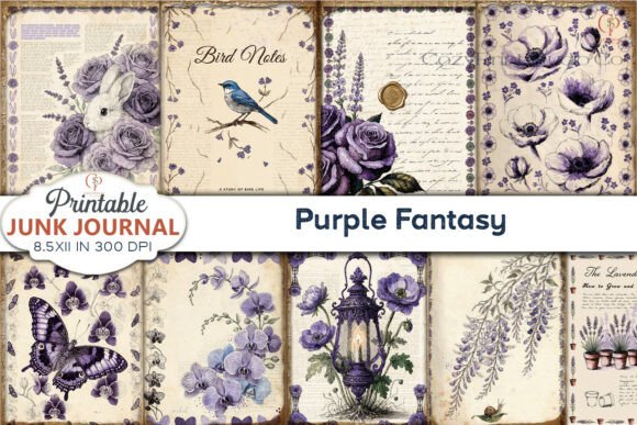 purple fantasy junk journal pages printable scrapbook spread ideas