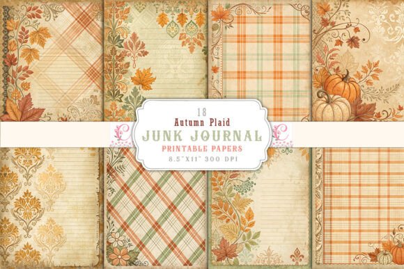 vintage autumn plaid junk journal pages printable scrapbook spread ideas