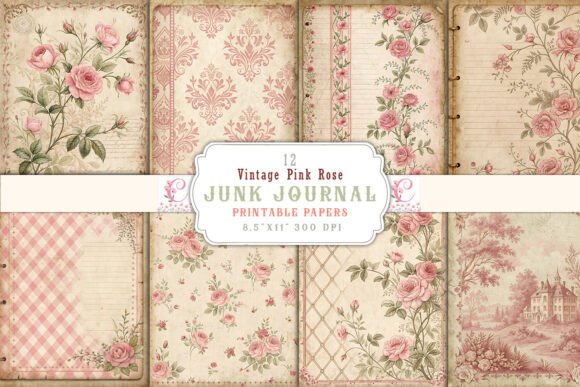 vintage pink rose junk journal pages printable scrapbook spread ideas