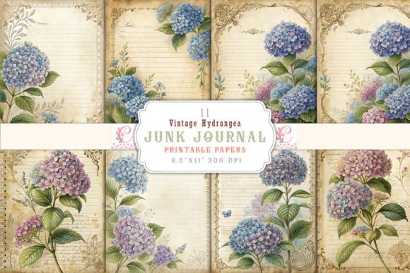 vintage hydrangea junk journal pages printable scrapbook spread ideas
