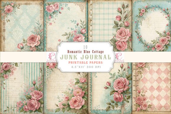 romantic blue cottage junk journal pages printable scrapbook spread ideas