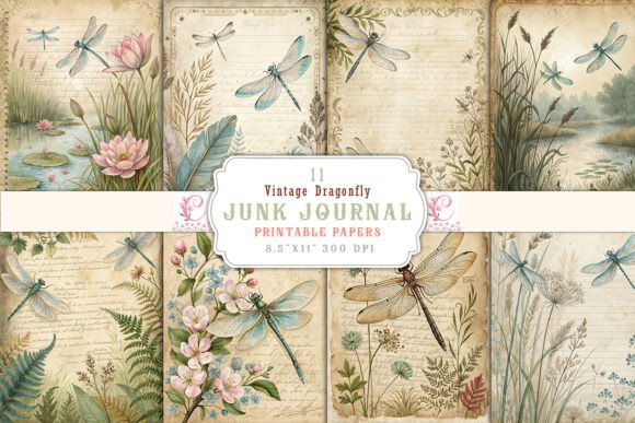 vintage dragonfly junk journal pages printable scrapbook spread ideas