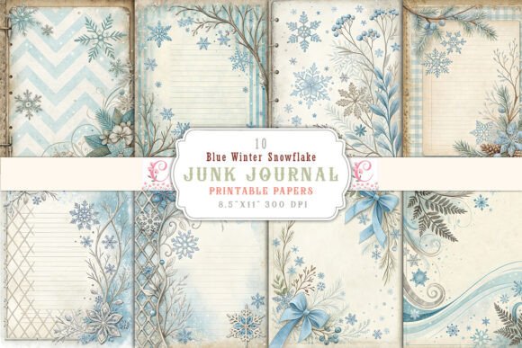 blue winter snowflake junk journal pages printable scrapbook spread ideas