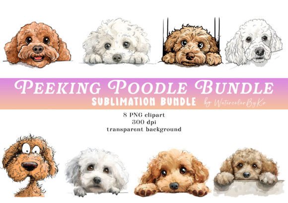 watercolor peeking poodle dog bundle junk journal stickers printable tags labels