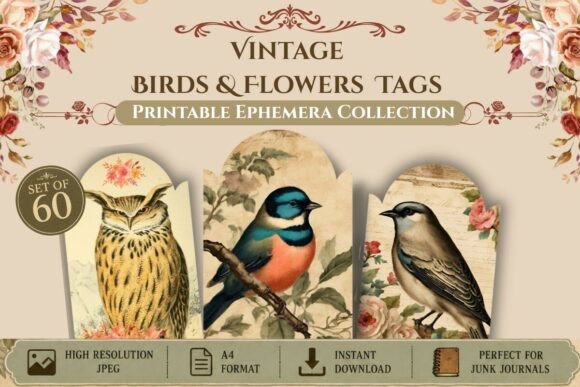 vintage birds & flowers printable tags junk journal stickers printable tags labels