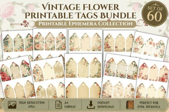 vintage flower printable tags bundle vol.2 junk journal stickers printable tags labels