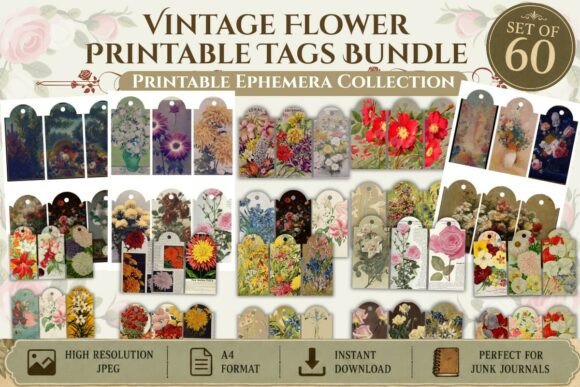 vintage flower printable tags bundle vol.3 junk journal stickers printable tags labels