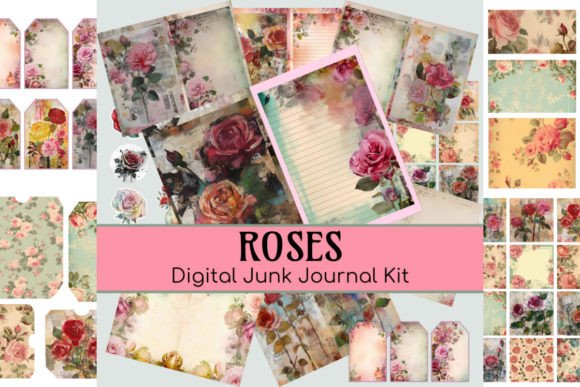 roses digital junk journal kit junk journal stickers printable tags labels