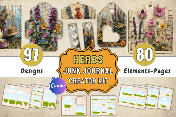 herbs junk journal kit + canva templates junk journal templates printable pdf canva
