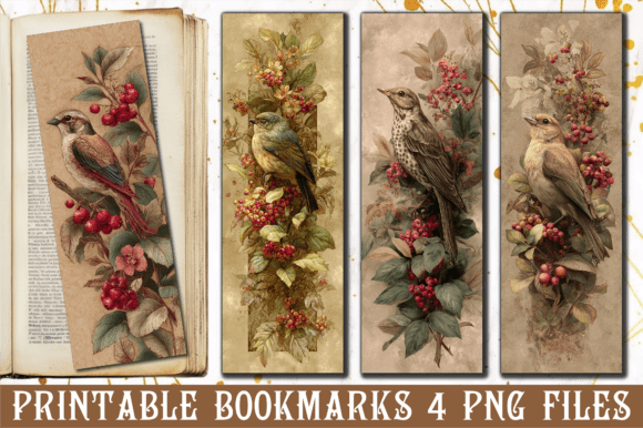 Vintage Sparrow Berry Art PNG Bookmark vintage bookmark ideas design template