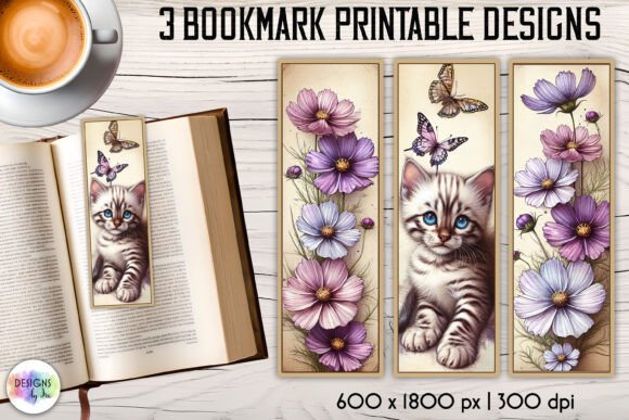 Vintage Floral Bookmark with Cute Kitten vintage floral bookmark printable