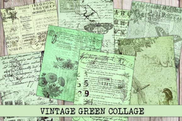 Vintage Green Collage Junk Journal Paper vintage frame photo collage wall art