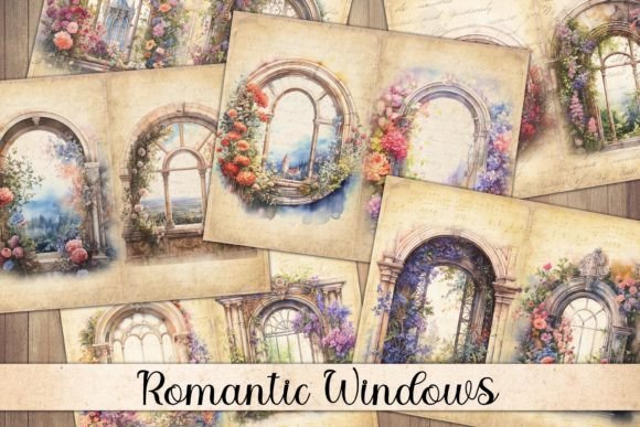 Watercolor Romantic Window Papers vintage frame photo collage wall art