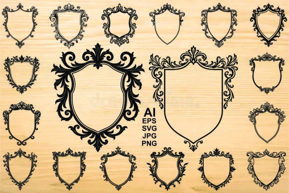 Ornate Shield Frame Silhouette Set vintage frame drawing sketch stencil