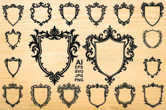 Black Shield with Floral Vector Set vintage frame graphic illustration silhouette outline