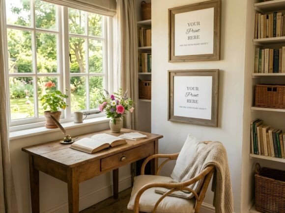 Cozy Cottage Writing Desk Frame Mockup vintage frame mockup psd