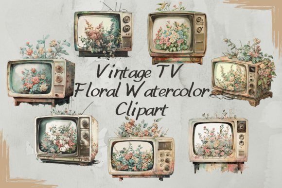 Vintage TV Floral Watercolor Set vintage frame tv art samsung display