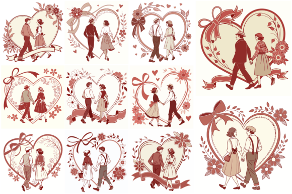 Retro Couple Illustration 1950s vintage heart frame png transparent wedding