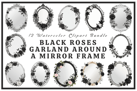 Black Roses Garland Around a Mirror Pack vintage jewelry mirror frame antique