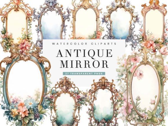 Watercolor Antique Mirror Clipart Bundle vintage jewelry mirror frame antique