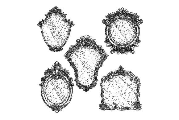 Vintage Mirror Set Sketch Hand Drawn vintage jewelry mirror frame antique