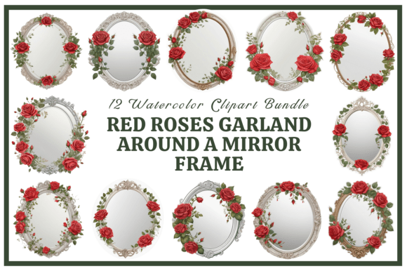 Red Roses Garland Around a Mirror Bundle vintage jewelry mirror frame antique